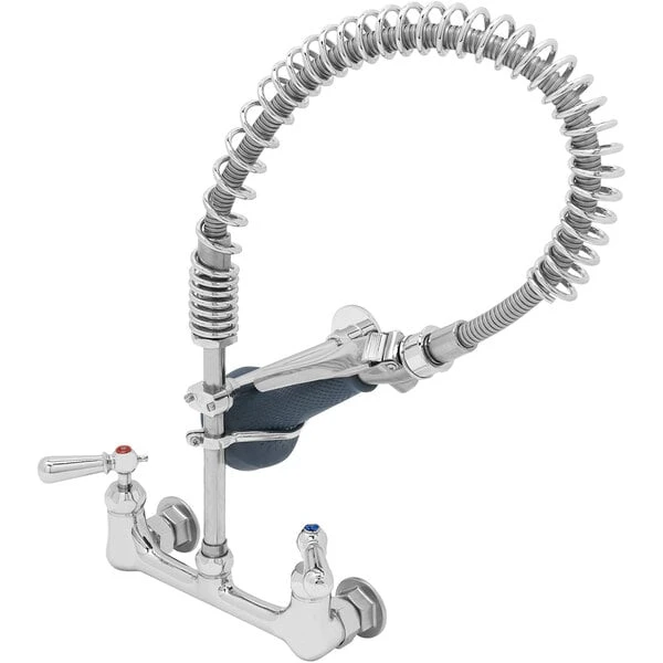 T&S Brass And Bronze Works T&S B-0133-CR-B8SWX EasyInstall Wall Mounted 23 1/4" High Pre-Rinse Faucet With Adjustable 8" Centers, Ergonomic Spray Valve, Club Handles, 32" Hose, And 6" Wall Bracket