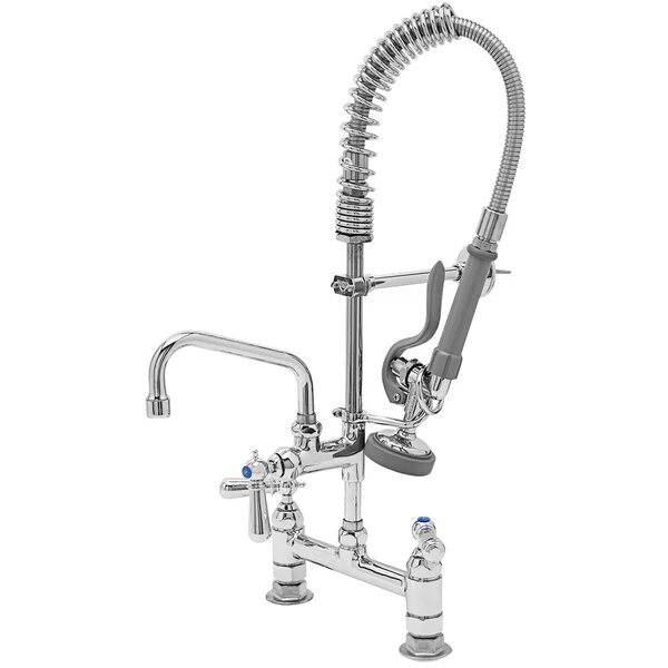 T&S Brass And Bronze Works T&S MPZ-8DCN-06 EasyInstall Deck Mounted 24 9/16" High Mini Pre-Rinse Faucet With Adjustable 8" Centers, Club Handles, 24" Hose, 6" Add-On Faucet, And 6" Wall Bracket