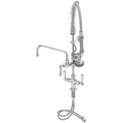 T&S Brass And Bronze Works T&S MPZ-2DCN-08-CR EasyInstall Deck Mounted 24 13/16" High Mini Pre-Rinse Faucet With Flex Inlets, Club Handles, 24" Hose, 8" Add-On Faucet, And 6" Wall Bracket