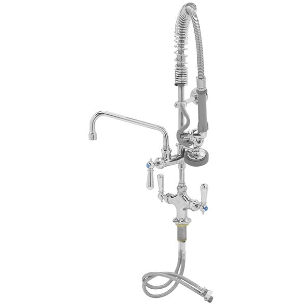 T&S Brass And Bronze Works T&S MPZ-2DCN-08-CR EasyInstall Deck Mounted 24 13/16" High Mini Pre-Rinse Faucet With Flex Inlets, Club Handles, 24" Hose, 8" Add-On Faucet, And 6" Wall Bracket