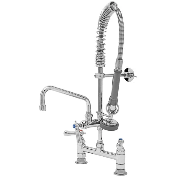 T&S Brass And Bronze Works T&S MPZ-8DCN-08 EasyInstall Deck Mounted 24 9/16" High Mini Pre-Rinse Faucet With Adjustable 8" Centers, Club Handles, 24" Hose, 8" Add-On Faucet, And 6" Wall Bracket