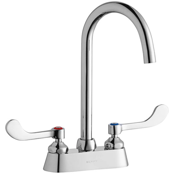 Elkay LK406LGN05T4 Deck Mount Laminar Flow Faucet With 4" Centers, 5" Gooseneck Swing Spout, And 4" Wristblade Handles