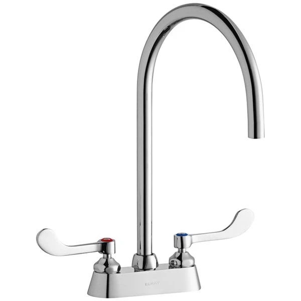 Elkay LK406LGN08T4 Deck Mount Laminar Flow Faucet With 4" Centers, 8" Gooseneck Swing Spout, And 4" Wristblade Handles