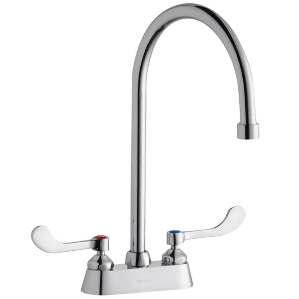 Elkay LK406GN08T4 Deck Mount Faucet With 4" Centers, 8" Gooseneck Swing Spout, 1.5 GPM Aerator, And 4" Wristblade Handles