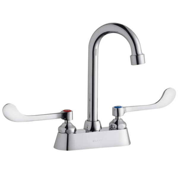 Elkay LK406GN04T6 Deck Mount Faucet With 4" Centers, 4" Gooseneck Swing Spout, 1.5 GPM Aerator, And 6" Wristblade Handles