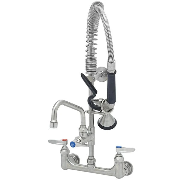 T&S Brass And Bronze Works Eversteel By T&S SMPF-8WLN-06 Stainless Steel 8" Wall Mount Mixing Faucet With 6" Swing Nozzle And Mini Pre-Rinse Unit With 1.15 GPM Spray Valve