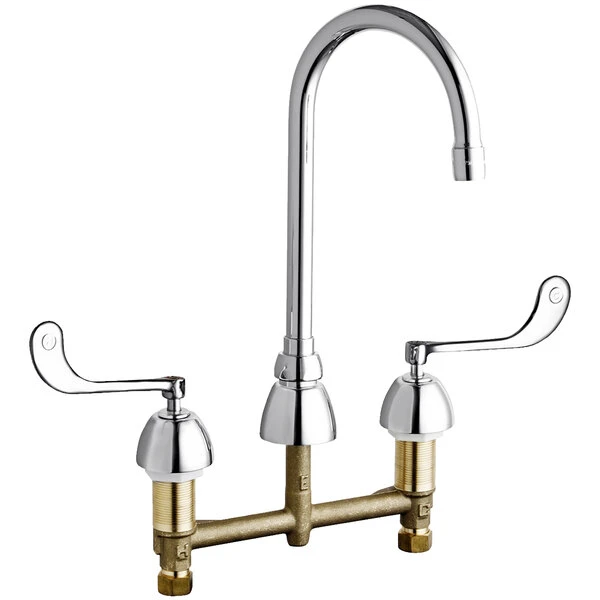 Chicago Faucet Company Chicago Faucets 786-E35-319ABCP Deck-Mounted Faucet With 8" Centers, 5 1/4" Rigid / Swing Gooseneck Spout, And 6" Elbow Blade Handles