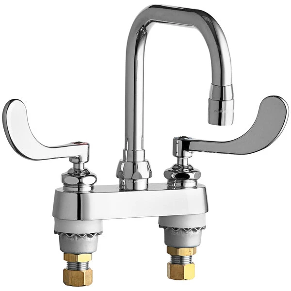 Chicago Faucet Company Chicago Faucets 526-E3-317ABCP Deck-Mounted Faucet With 4" Fixed Centers, 6 1/4" Rigid / Swing Double-Bend Spout, And 4" Wristblade Handles