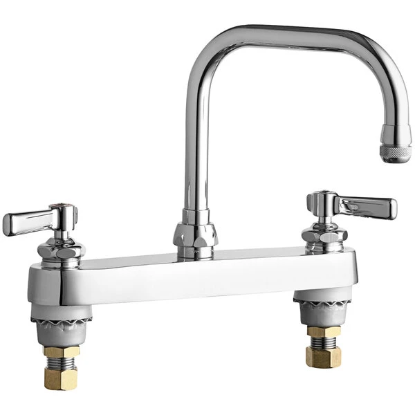 Chicago Faucet Company Chicago Faucets 527-ABCP Deck-Mounted Faucet With 8" Fixed Centers, 6 1/4" Rigid / Swing Double-Bend Spout, And Quaturn Compression Cartridges