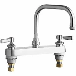 Chicago Faucet Company Chicago Faucets 527-XKABCP Deck-Mounted Faucet With 8" Fixed Centers, 6 1/4" Rigid / Swing Double-Bend Spout, And Ceramic Operating Cartridges