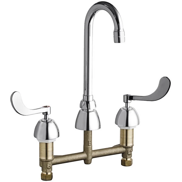 Chicago Faucet Company Chicago Faucets 786-GN1AE35ABCP Deck-Mounted Faucet With 8" Centers And 3 1/2" Rigid / Swing Gooseneck Spout