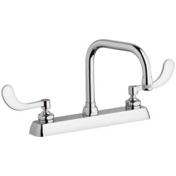 Chicago Faucet Company Chicago Faucets W8D-DB6AE1-317ABCP Deck-Mounted Faucet With 8" Centers And 6 1/4" Rigid / Swing Gooseneck Spout