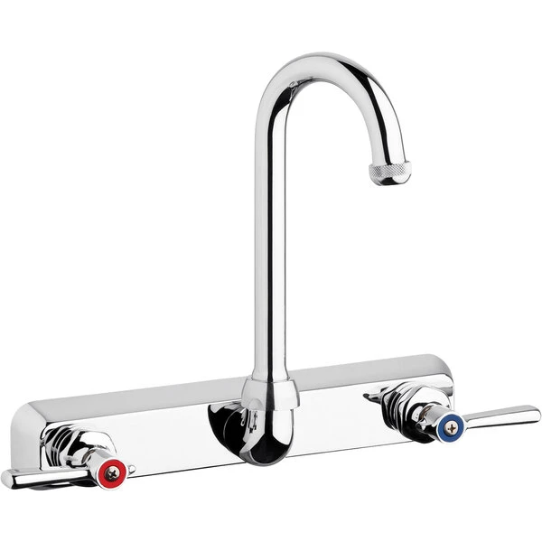 Chicago Faucet Company Chicago Faucets W8W-GN1AE1-369ABCP Wall-Mounted Faucet With 8" Fixed Centers, 3 1/2" Rigid / Swing Gooseneck Spout, And Quixtop Outlet