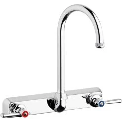 Chicago Faucet Company Chicago Faucets W8W-GN2AE1-369ABCP Wall-Mounted Faucet With 8" Fixed Centers, 5 1/4" Rigid / Swing Gooseneck Spout, And Quixtop Outlet