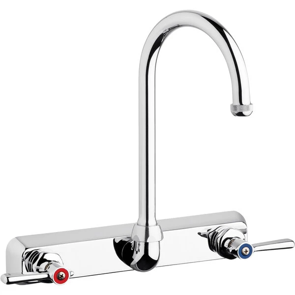 Chicago Faucet Company Chicago Faucets W8W-GN2AE1-369ABCP Wall-Mounted Faucet With 8" Fixed Centers, 5 1/4" Rigid / Swing Gooseneck Spout, And Quixtop Outlet