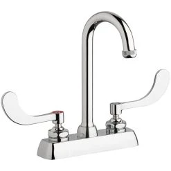 Chicago Faucet Company Chicago Faucets W4D-GN1AE1-317ABCP Deck-Mounted Faucet With 4" Fixed Centers, 3 1/2" Rigid / Swing Gooseneck Spout, And 4" Wristblade Handles