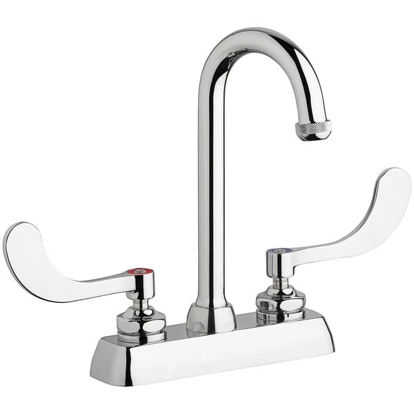 Chicago Faucet Company Chicago Faucets W4D-GN1AE1-317ABCP Deck-Mounted Faucet With 4" Fixed Centers, 3 1/2" Rigid / Swing Gooseneck Spout, And 4" Wristblade Handles