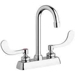 Chicago Faucet Company Chicago Faucets W4D-GN1AE35-317AB 1.5 GPM Deck-Mounted Faucet With 4" Fixed Centers, 3 1/2" Rigid / Swing Gooseneck Spout, And 4" Wristblade Handles
