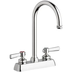 Chicago Faucet Company Chicago Faucets W4D-GN2AE1-369ABCP Deck-Mounted Faucet With 4" Fixed Centers, 5 1/4" Rigid / Swing Gooseneck Spout, And 2 3/8" Lever Handles