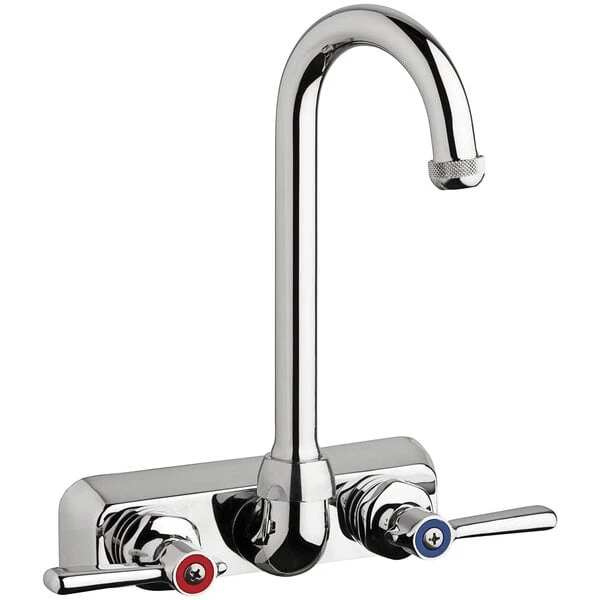 Chicago Faucet Company Chicago Faucets W4W-GN1AE1-369ABCP Wall-Mounted Faucet With 4" Fixed Centers, 3 1/2" Rigid / Swing Gooseneck Spout, And Quixtop Outlet