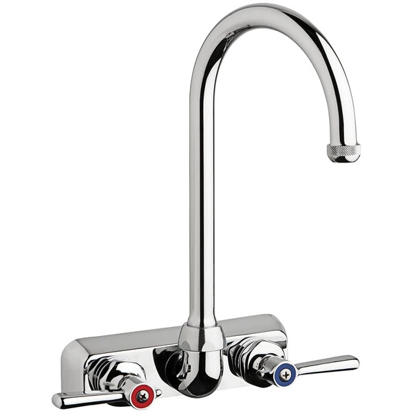 Chicago Faucet Company Chicago Faucets W4W-GN2AE1-369ABCP Wall-Mounted Faucet With 4" Fixed Centers, 5 1/4" Rigid / Swing Gooseneck Spout, And Quixtop Outlet