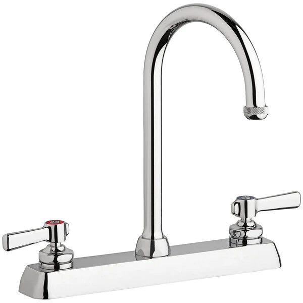 Chicago Faucet Company Chicago Faucets W8D-GN2AE1-369ABCP Deck-Mounted Faucet With 8" Fixed Centers, 5 1/4" Rigid / Swing Gooseneck Spout, And Quixtop Outlet