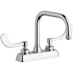 Chicago Faucet Company Chicago Faucets W4D-DB6AE1-317ABCP Deck-Mounted Faucet With 4" Fixed Centers, 6 1/4" Rigid / Swing Double-Bend Spout, And 4" Wristblade Handles