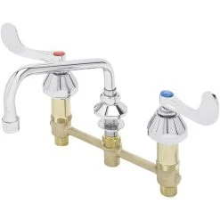 T&S Brass And Bronze Works T&S B-2347-01 Easy Install Deck Mount Faucet With 8" Centers, 8" Swing Nozzle, 4" Wrist Action Handles, And Eterna Cartridges
