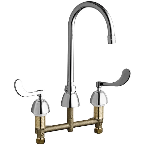 Chicago Faucet Company Chicago Faucets 786-E3ABCP Deck-Mounted Faucet With 8" Centers And 5 1/4" Rigid / Swing Gooseneck Spout