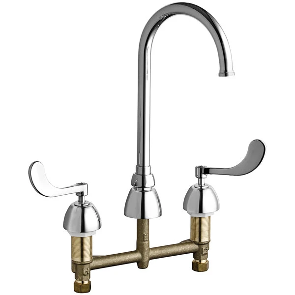 Chicago Faucet Company Chicago Faucets 786-GN2FCABCP Deck-Mounted Faucet With 8" Centers, 5 1/4" Rigid / Swing Gooseneck Spout, And Quaturn Operating Cartridges