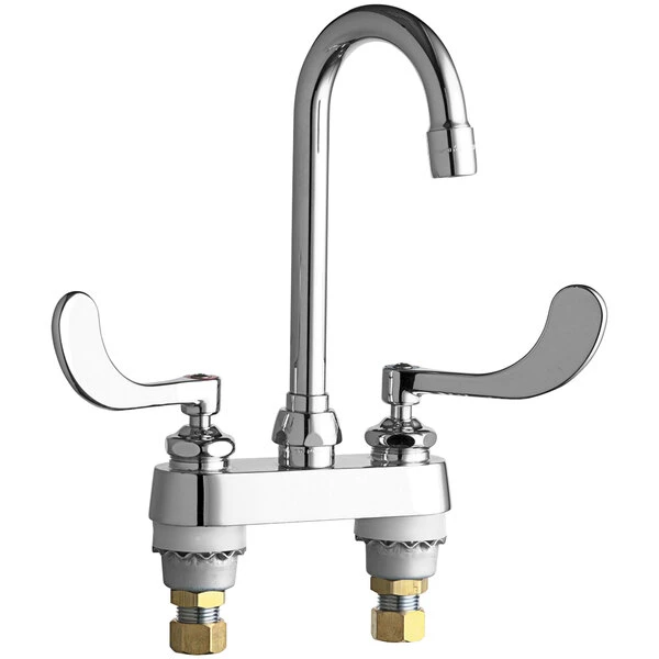 Chicago Faucet Company Chicago Faucets 895-317ABCP Deck-Mounted Faucet With 4" Centers And 3 1/2" Rigid / Swing Gooseneck Spout