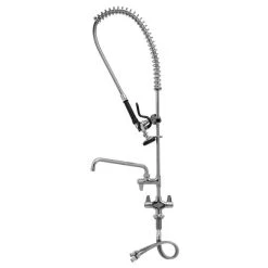 T&S Brass And Bronze Works Equip By T&S 5PR-2S12-12WB Deck Mounted 38 1/2" High Pre-Rinse Faucet With Flex Inlets, 44" Hose, 12" Add-On Faucet, And 12" Wall Bracket