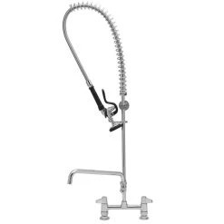 T&S Brass And Bronze Works Equip By T&S 5PR-8D12 Deck Mounted 38 1/4" High Pre-Rinse Faucet With 8" Adjustable Centers, 44" Hose, 12" Add-On Faucet, And 6" Wall Bracket