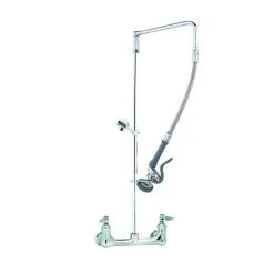 T&S Brass And Bronze Works T&S B-2130-CR-B08C Wall Mounted 35 3/4" High Pre-Rinse Faucet With Adjustable 8" Centers, Ergonomic Low Flow Spray Valve, Swivel Arm, 28" Hose, And 6" Wall Bracket