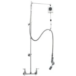 T&S Brass And Bronze Works T&S B-0140 Wall Mounted 51 3/4" High Pre-Rinse Faucet With Adjustable 8" Centers, Angled Low Flow Spray Valve, Balancer, 68" Hose, 12" Add-On Faucet, Vacuum Breaker, And 6" Wall Bracket