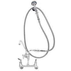 T&S Brass And Bronze Works T&S B-0175-02 Wall Mounted Pre-Rinse Faucet With Adjustable 8" Centers, Angled Spray Valve, 96" Hose, 8" Add-On Faucet, 90 Degree Swivel Adapter, Vacuum Breaker, And Wall Hook