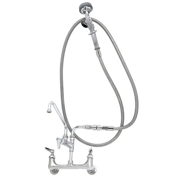 T&S Brass And Bronze Works T&S B-0175-02 Wall Mounted Pre-Rinse Faucet With Adjustable 8" Centers, Angled Spray Valve, 96" Hose, 8" Add-On Faucet, 90 Degree Swivel Adapter, Vacuum Breaker, And Wall Hook
