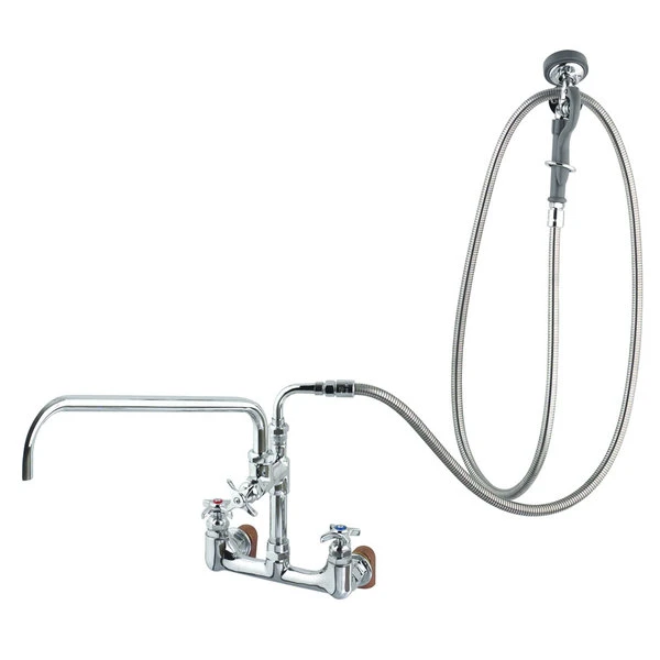 T&S Brass And Bronze Works T&S B-0289 Wall Mounted Pre-Rinse Faucet With Adjustable 8" Centers, Angled Spray Valve, 4-Arm Handles, 104" Hose, 18" Add-On Faucet, 90 Degree Swivel Adapter, And Installation Kit