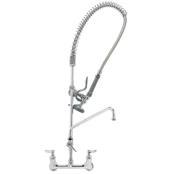 T&S Brass And Bronze Works T&S B-2278-ADF EasyInstall Wall Mounted 44" High Pre-Rinse Faucet With Adjustable 8" Centers, 44" Hose, 12" Add-On Faucet, Vacuum Breaker, 6" Wall Bracket, And Installation Kit