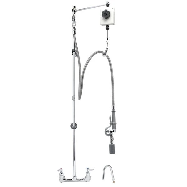 T&S Brass And Bronze Works T&S B-0130 Wall Mounted 53" High Pre-Rinse Faucet With Adjustable 8" Centers, Quick Connect Spray Valve, Balancer, 68" Hose, Vacuum Breaker, And 6" Wall Bracket