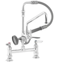 T&S Brass And Bronze Works T&S B-0175-04 Deck Mounted Pre-Rinse Faucet With Adjustable 8" Centers, Angled Spray Valve, 104" Hose, 12" Add-On Faucet, 90 Degree Swivel Adapter, And Wall Hook