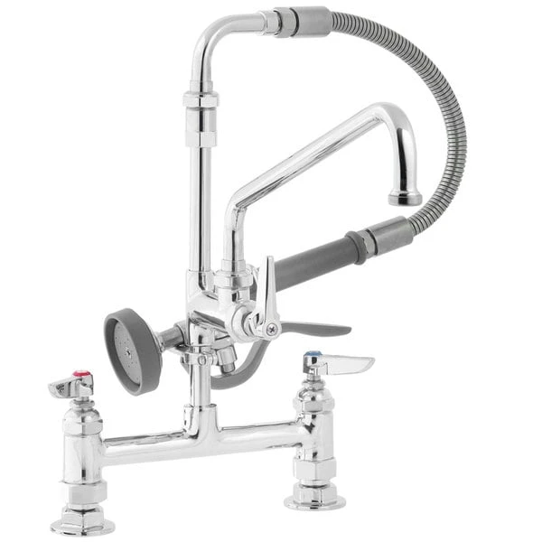 T&S Brass And Bronze Works T&S B-0175-04 Deck Mounted Pre-Rinse Faucet With Adjustable 8" Centers, Angled Spray Valve, 104" Hose, 12" Add-On Faucet, 90 Degree Swivel Adapter, And Wall Hook