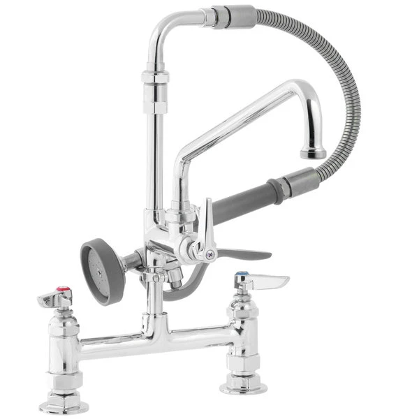 T&S Brass And Bronze Works T&S B-0175-05 Deck Mounted Pre-Rinse Faucet With Adjustable 8" Centers, Angled Spray Valve, 68" Hose, 8" Add-On Faucet, 90 Degree Swivel Adapter, And Wall Hook