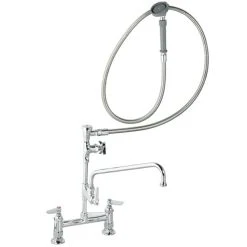 T&S Brass And Bronze Works T&S B-0177 Deck Mounted Pre-Rinse Faucet With Adjustable 8" Centers, Angled Spray Head, 80" Hose, 12" Add-On Faucet, Vacuum Breaker, And Wall Hook