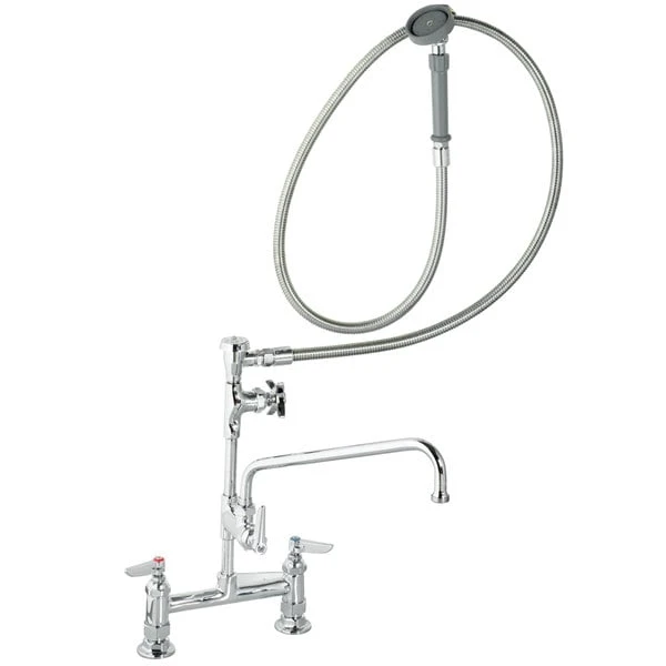 T&S Brass And Bronze Works T&S B-0177 Deck Mounted Pre-Rinse Faucet With Adjustable 8" Centers, Angled Spray Head, 80" Hose, 12" Add-On Faucet, Vacuum Breaker, And Wall Hook