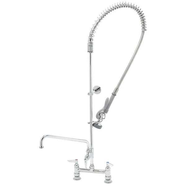 T&S Brass And Bronze Works T&S B-0123-12-CR-B EasyInstall Deck Mounted 49 1/4" High Pre-Rinse Faucet With Adjustable 8" Centers, 44" Hose, 12" Add-On Faucet, And 6" Wall Bracket