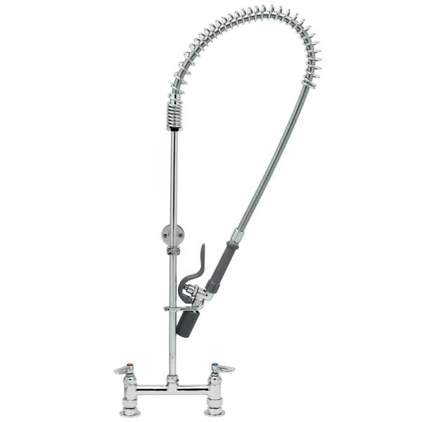 T&S Brass And Bronze Works T&S B-0123-CR-BC EasyInstall Deck Mounted 45" High Pre-Rinse Faucet With Adjustable 8" Centers, Low Flow Spray Valve, 44" Hose, And 6" Wall Bracket