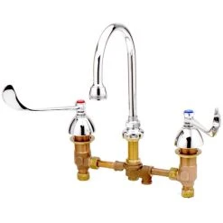 T&S Brass And Bronze Works T&S B-0866-07-PV Deck Mount Mixing Faucet With 8" Adjustable Centers, 5 3/4" Gooseneck, 6" Wrist Action Handles, And Pedal Valve Connection
