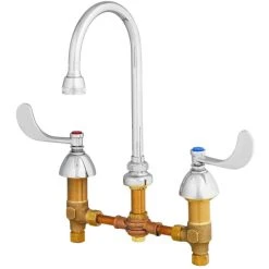 T&S Brass And Bronze Works T&S B-0869-04 Deck Mount Mixing Faucet With 8" Adjustable Centers, 5 9/16" Gooseneck, 4" Wrist Action Handles, And Pop Up Drain Assembly