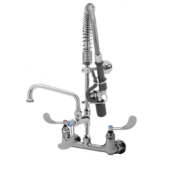 T&S Brass And Bronze Works T&S MPW-8WWN-08-CR EasyInstall Wall Mounted 22" High Mini Pre-Rinse Faucet With Adjustable 8" Centers, Angled Low Flow Spray Valve, 4" Wrist Action Handles, 24" Hose, 8" Add-On Faucet, And 6" Wall Bracket